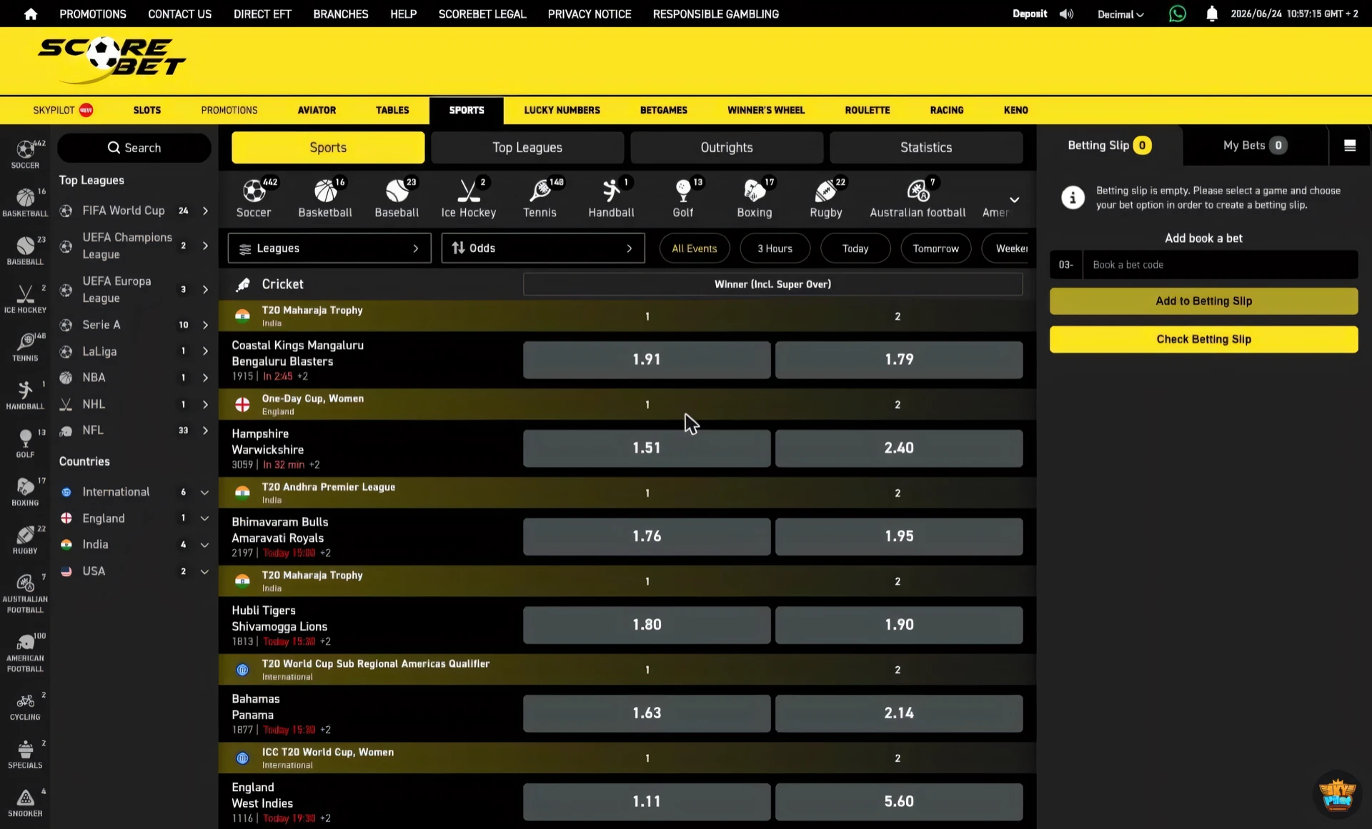Scorebet cricket match winner market across several fixtures with two-way prices per team