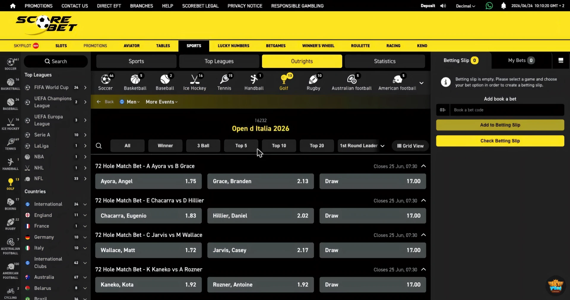 Scorebet golf 72 hole match bet market for the Open d Italia 2026 with paired players