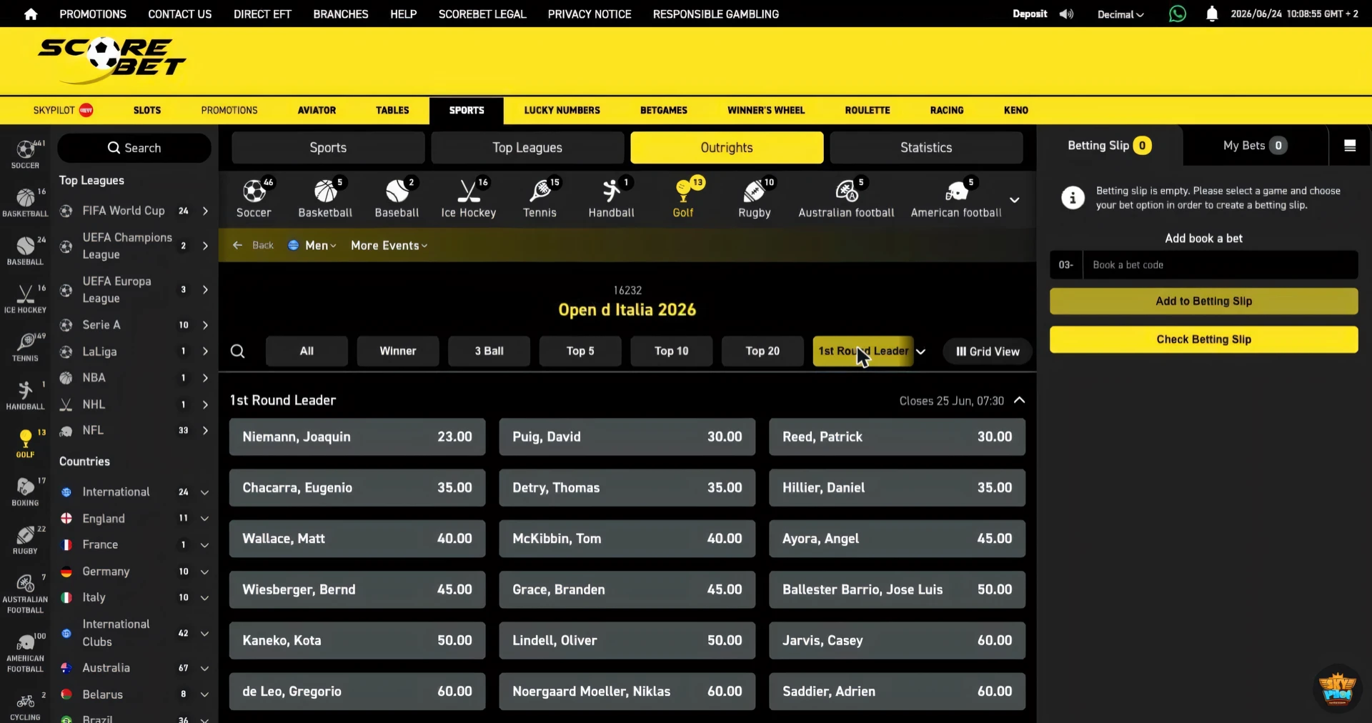 Scorebet golf 1st round leader market for the Open d Italia 2026 with player prices
