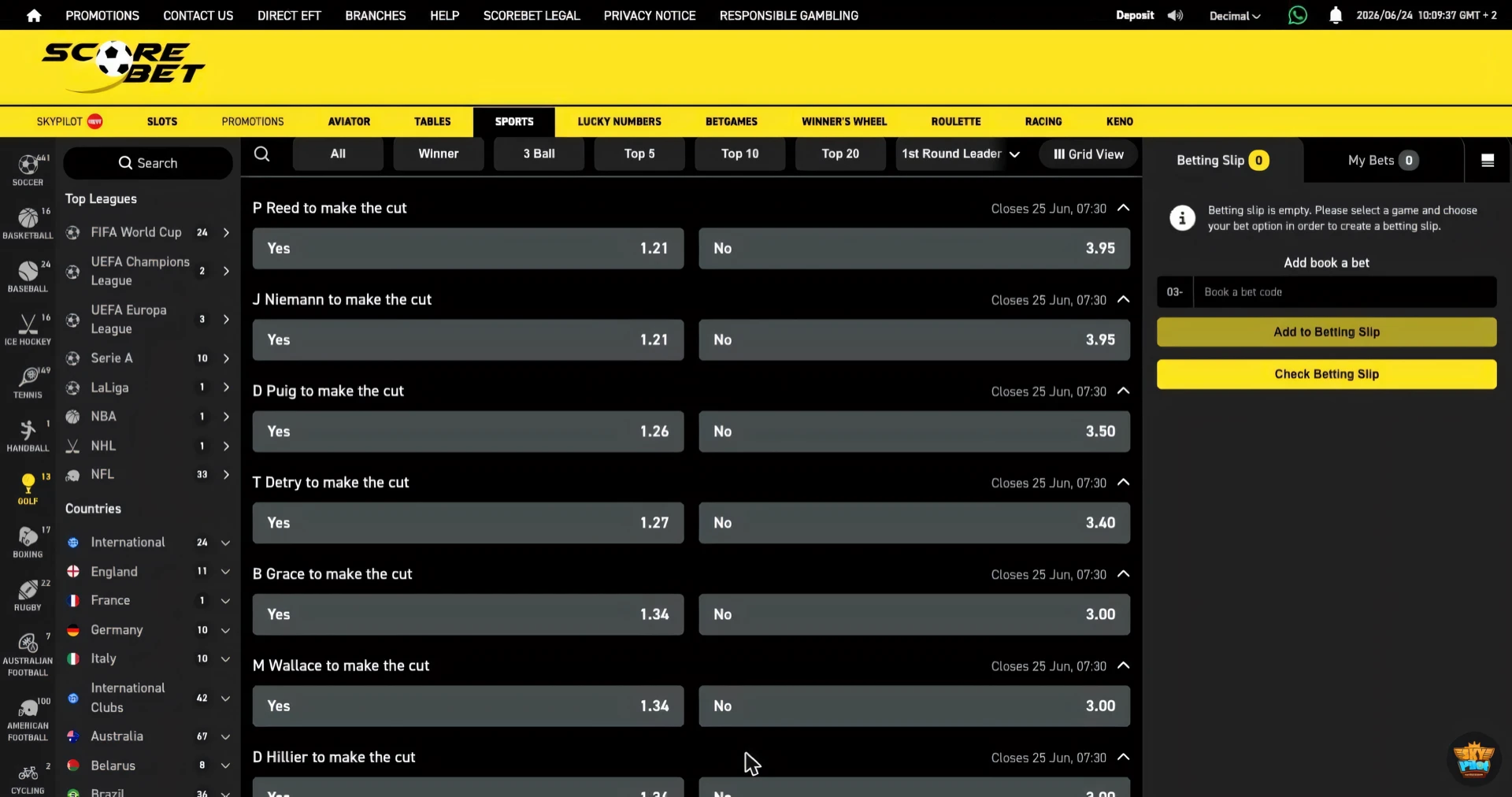 Scorebet golf to make the cut market for the Open d Italia 2026 with Yes and No prices