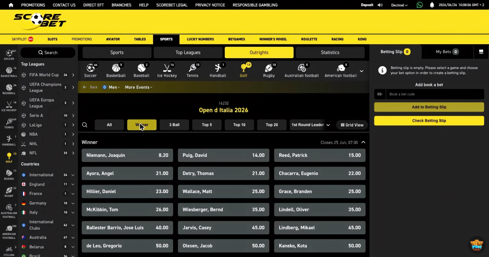 Scorebet golf outright winner market for the Open d Italia 2026 with player prices