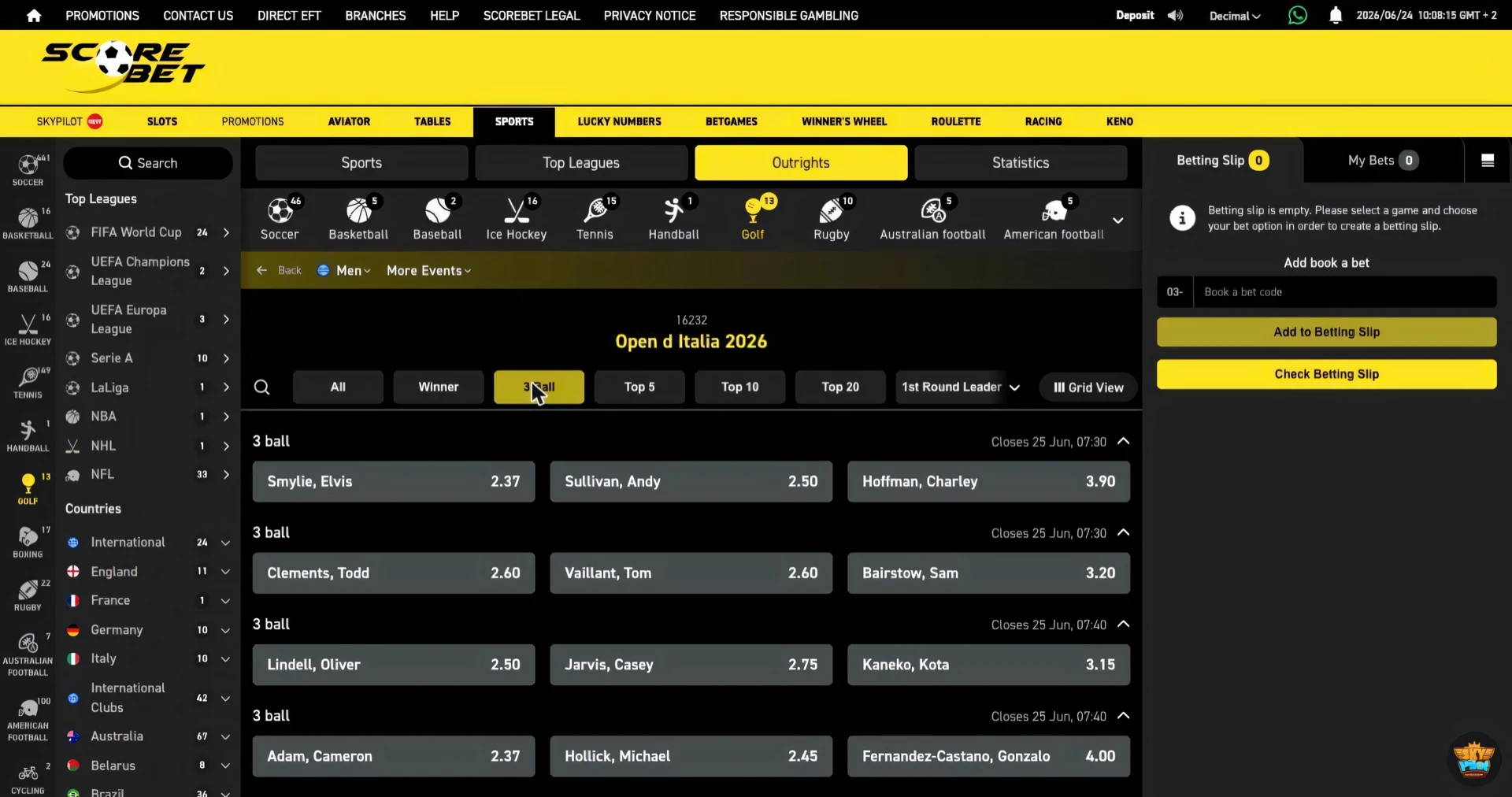 Scorebet golf 3 ball market for the Open d Italia 2026 showing grouped players