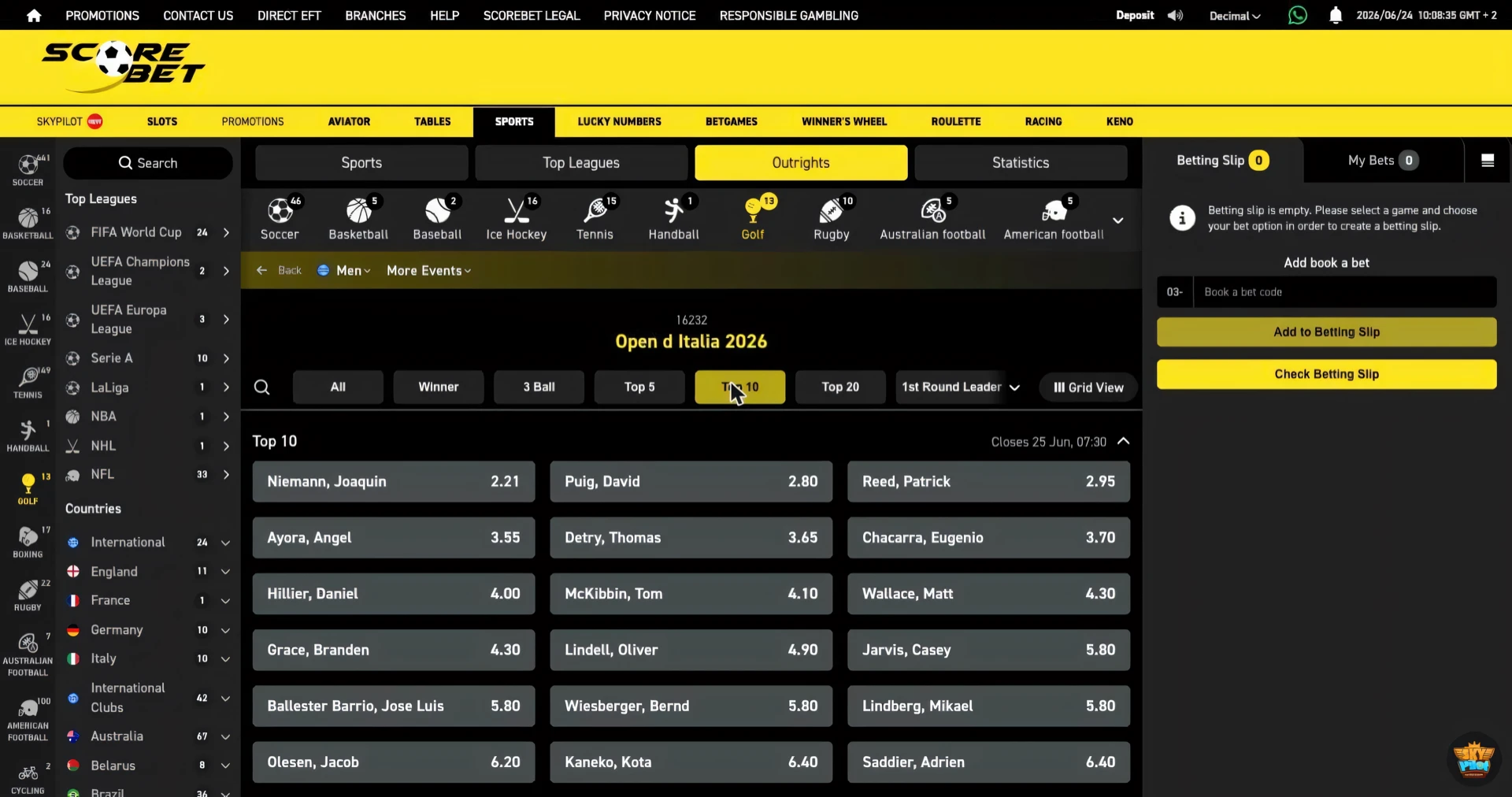 Scorebet golf top 10 finish market for the Open d Italia 2026 with player prices