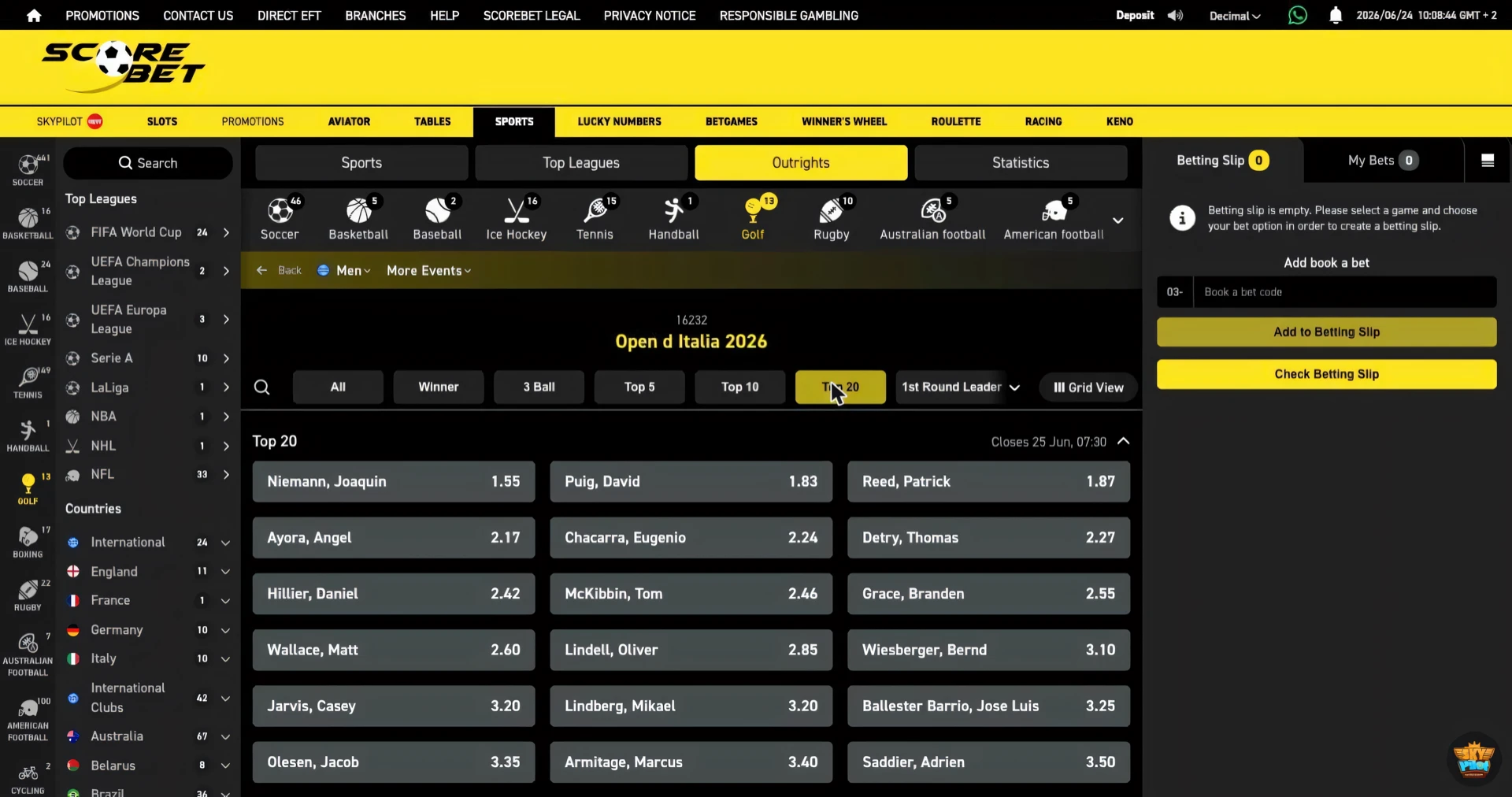 Scorebet golf top 20 finish market for the Open d Italia 2026 with player prices