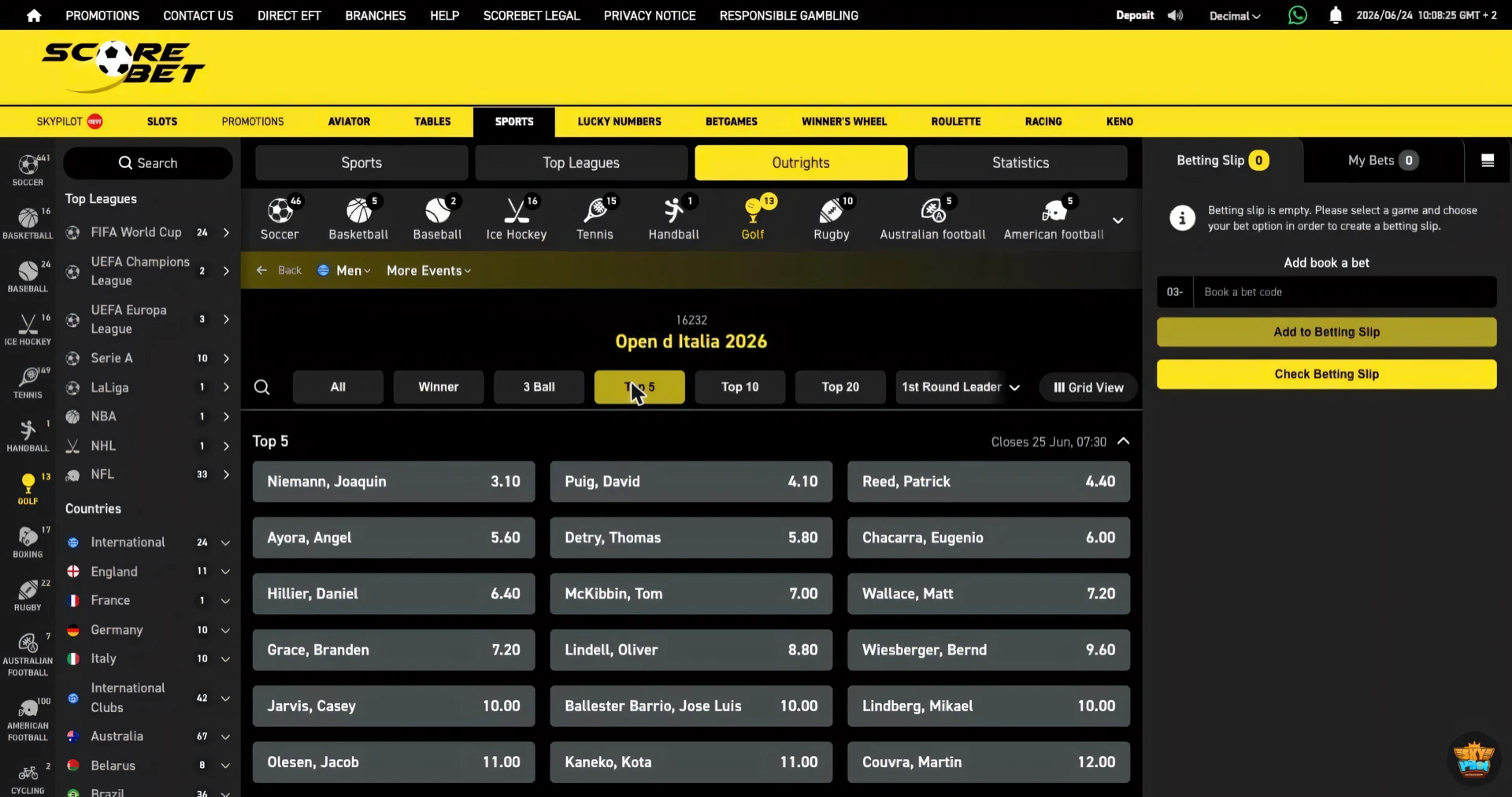 Scorebet golf top 5 finish market for the Open d Italia 2026 with player prices
