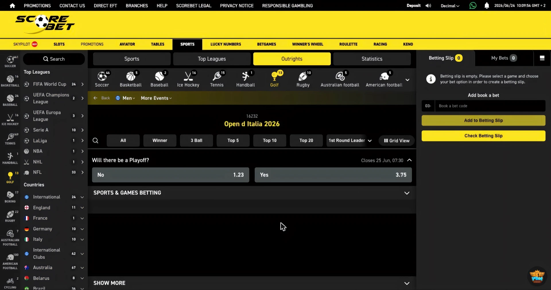 Scorebet golf will there be a playoff market for the Open d Italia 2026 with Yes and No prices