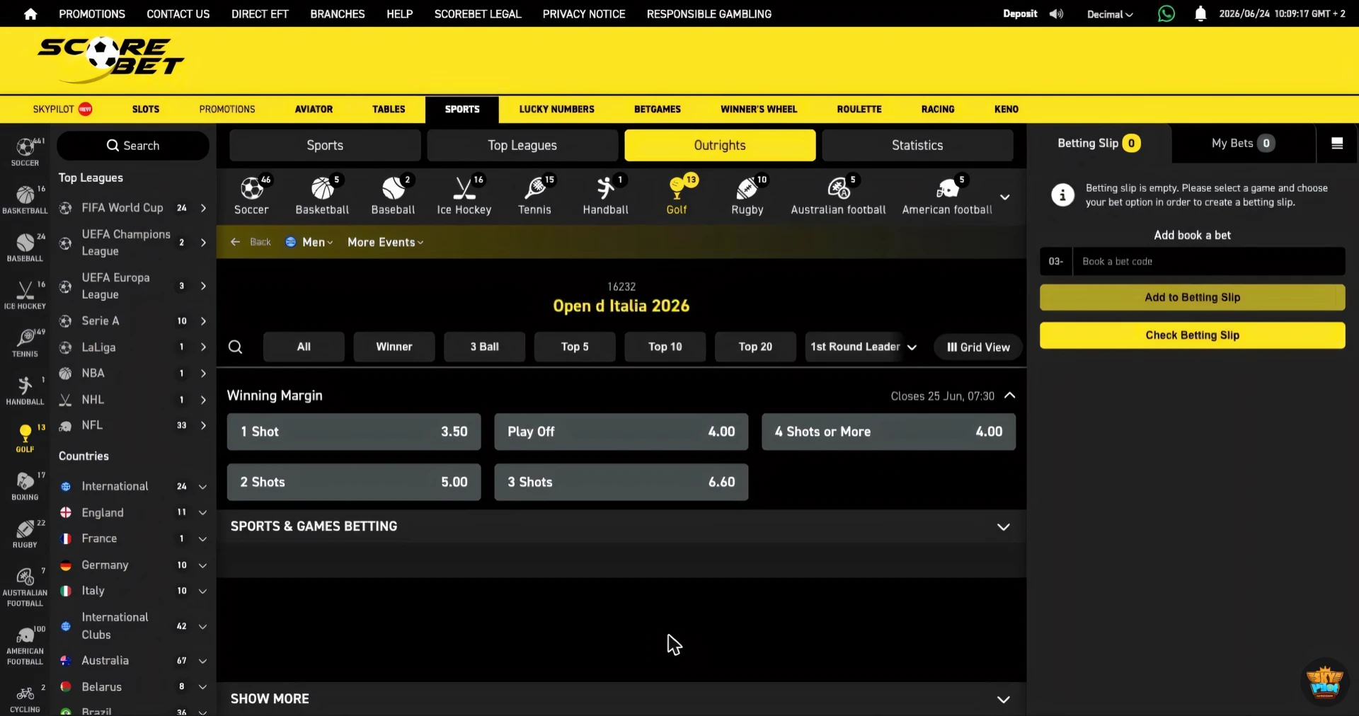 Scorebet golf winning margin market for the Open d Italia 2026 with shot options