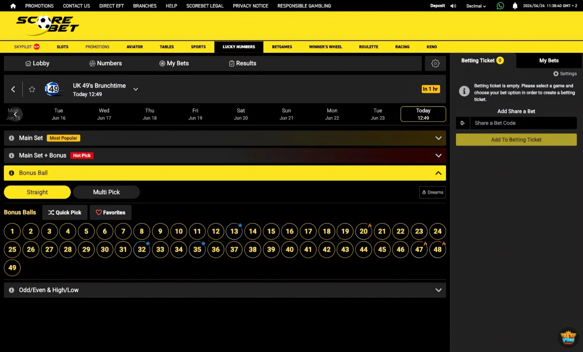 Scorebet Bonus Ball section with a golden grid of numbers 1 to 49 for selecting one bonus number