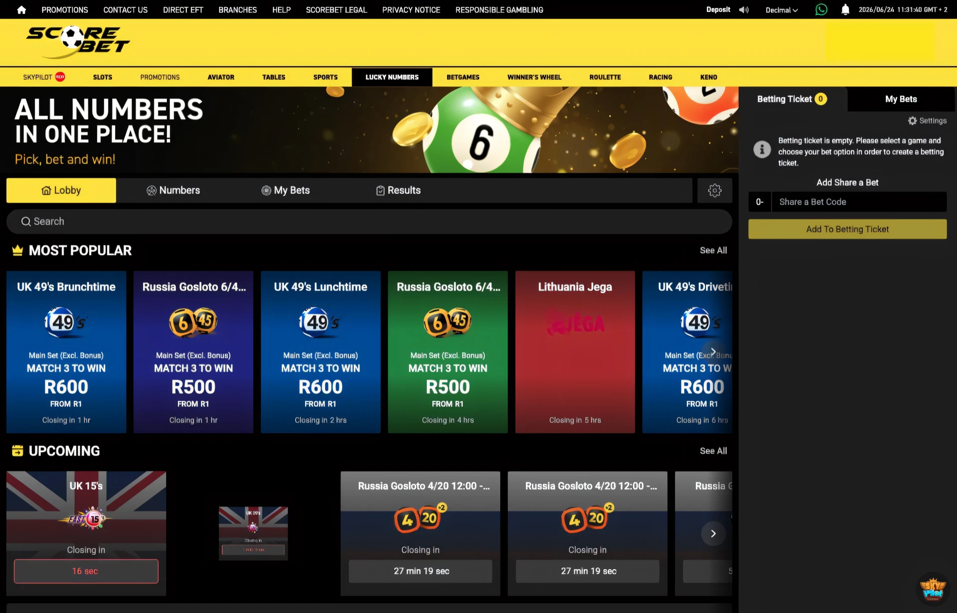 Scorebet Lucky Numbers lobby showing popular lotto draws with closing times and payouts