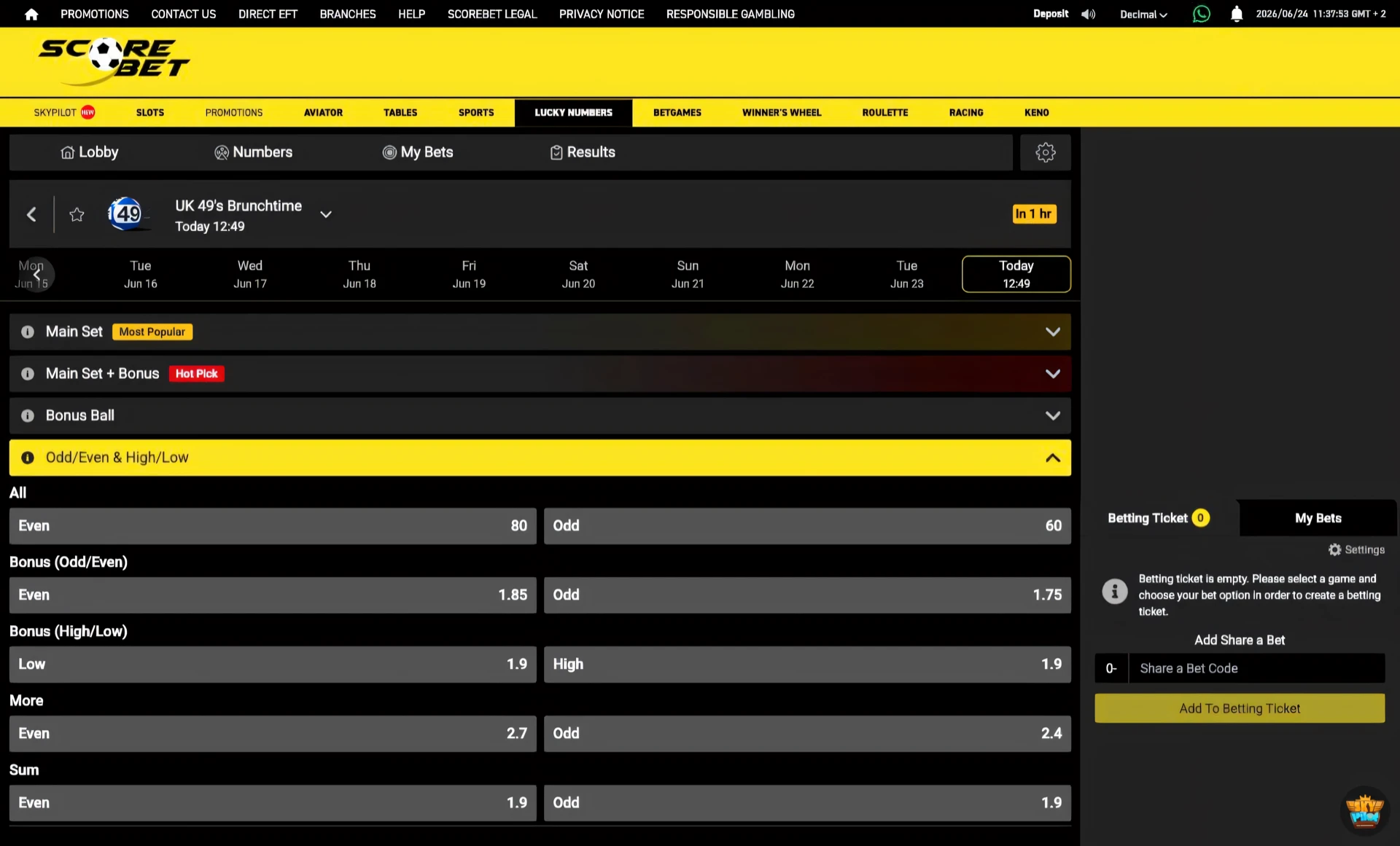 Scorebet Odd/Even and High/Low section showing near even-money prices for bonus odd, even, high and low