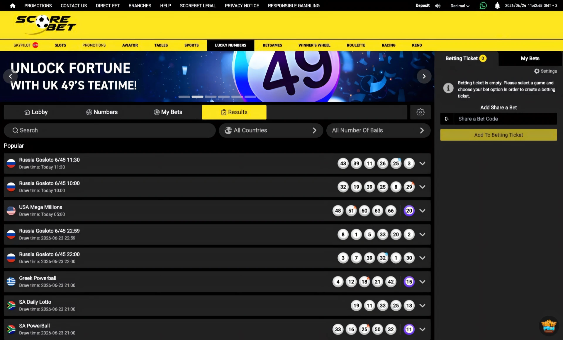 Scorebet Lucky Numbers Results page showing recent draws with drawn numbers as numbered balls