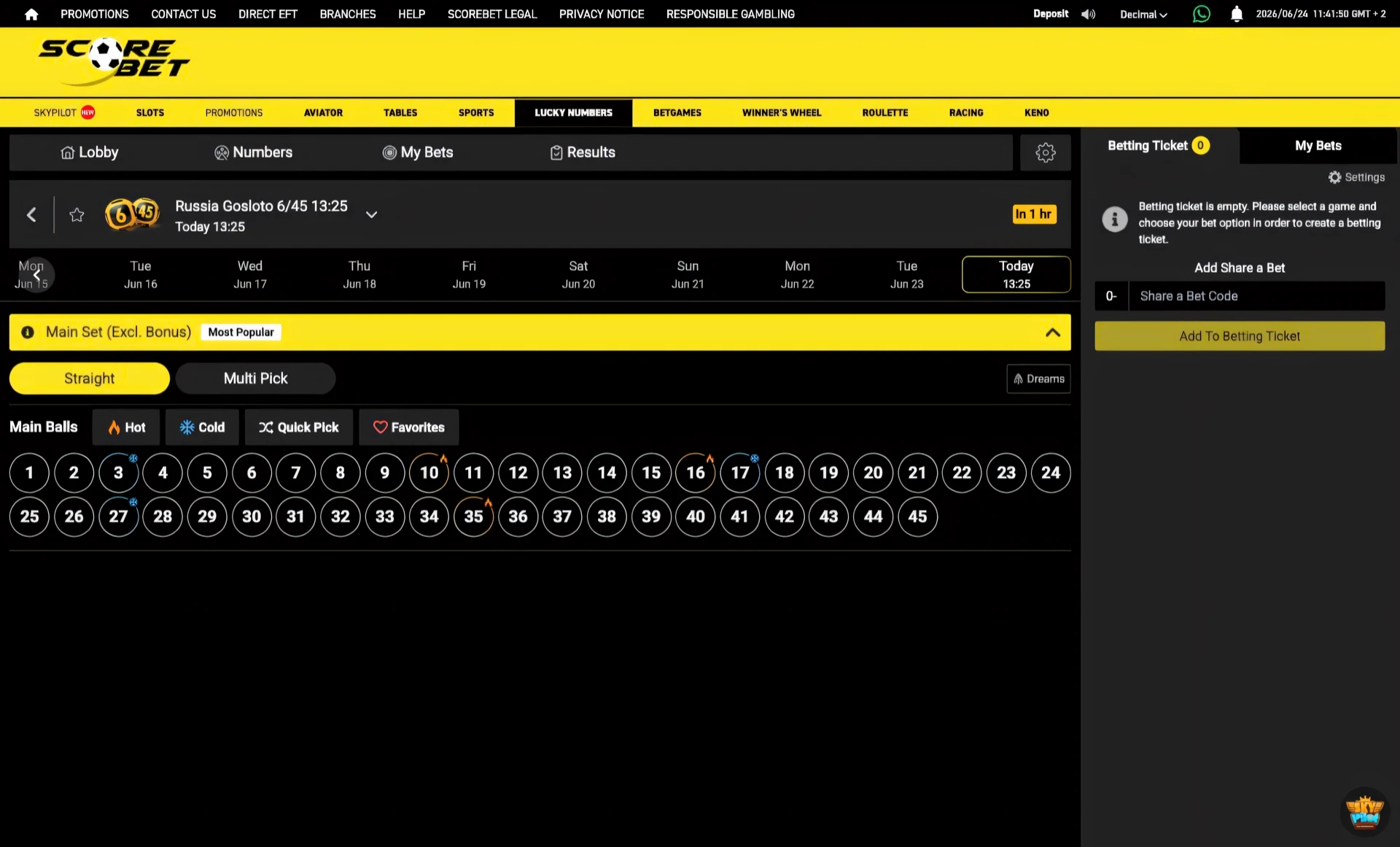 Scorebet Russia Gosloto 6/45 betting interface with the 1 to 45 ball grid and draw-time calendar bar