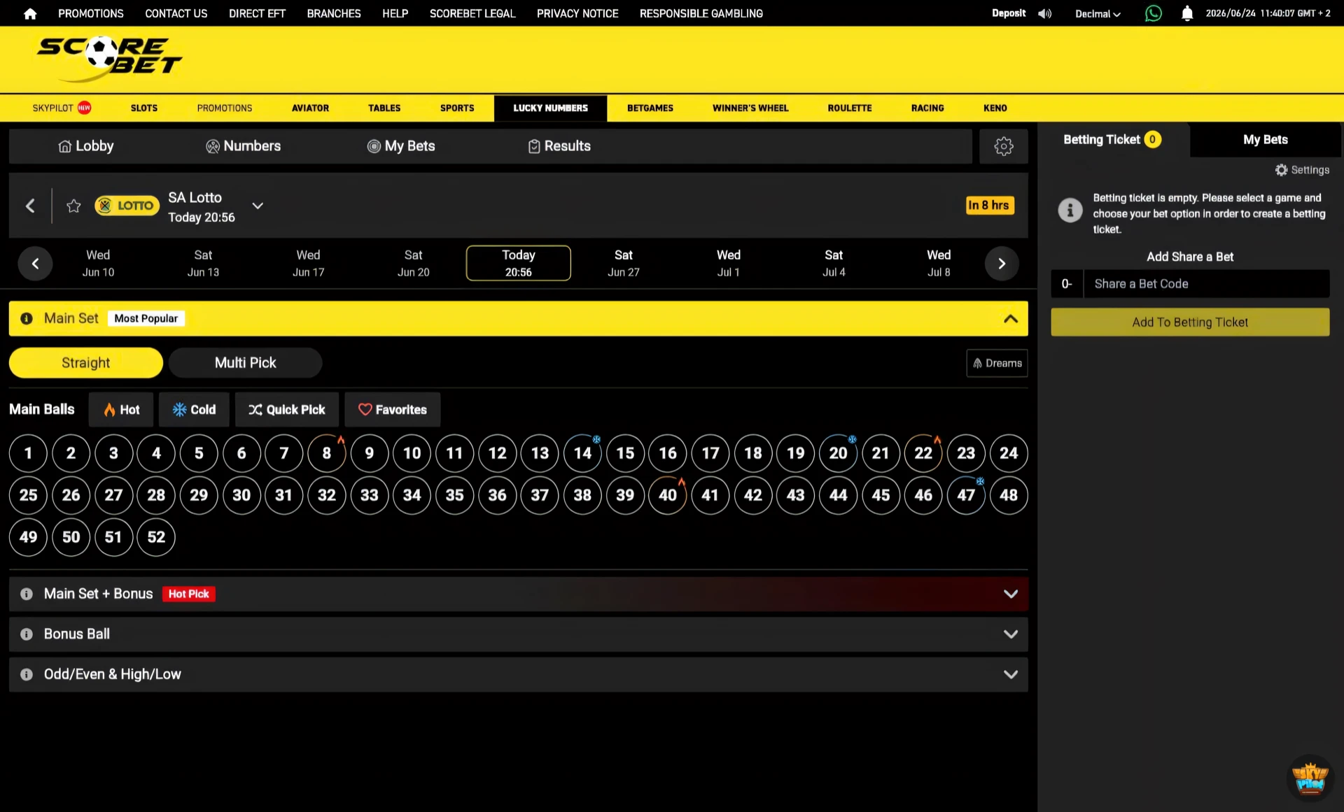 Scorebet SA Lotto betting interface with the 1 to 52 ball grid and the National Lottery logo