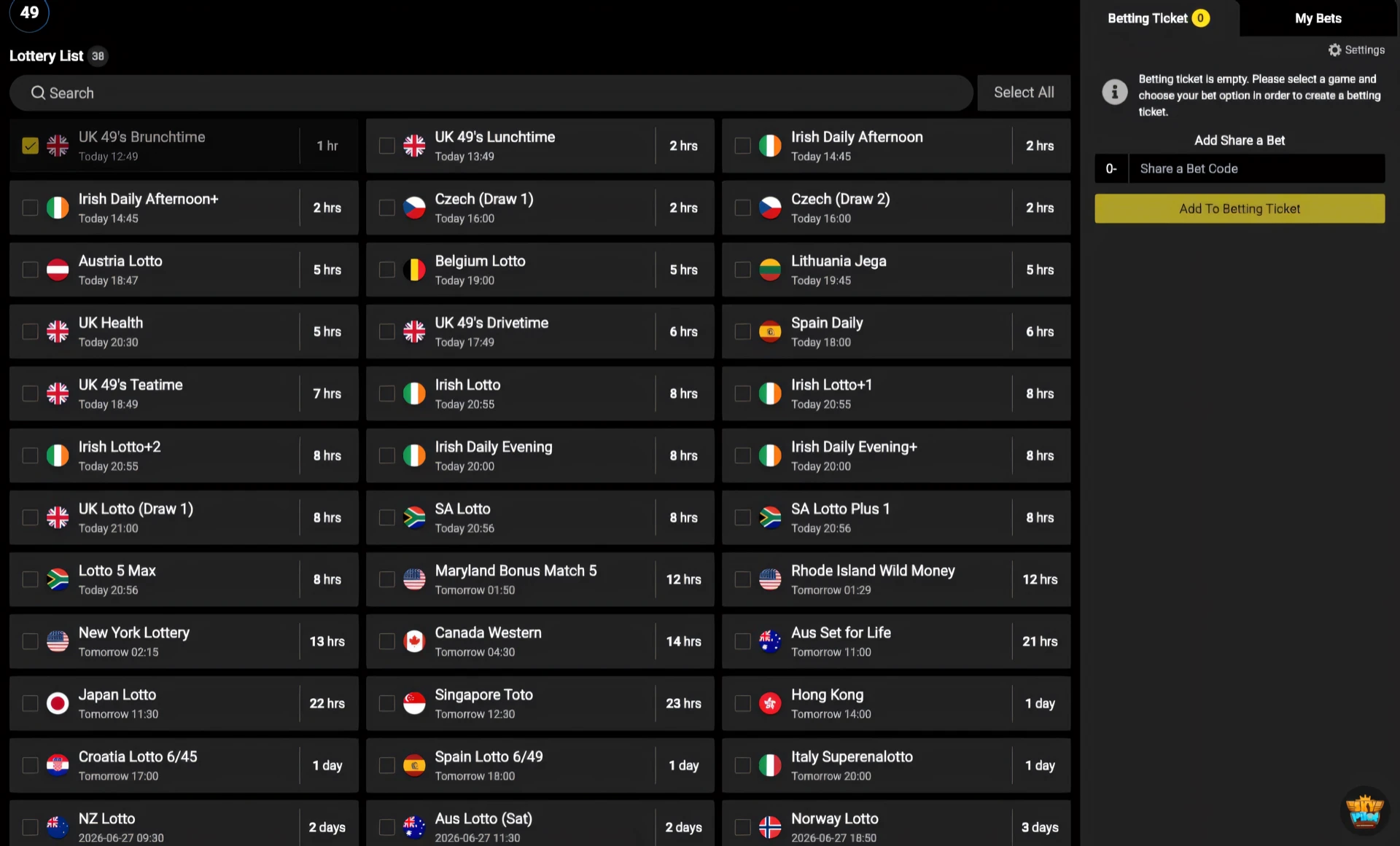Scorebet UK 49's Multi Pick mode showing the lottery list of compatible draws with checkboxes