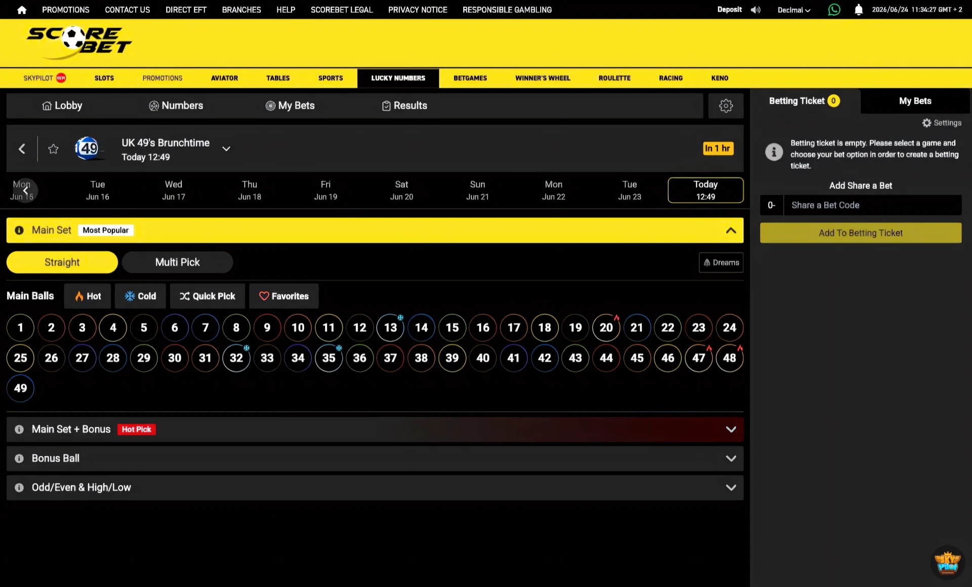 Scorebet UK 49's straight pick grid with numbers selected and the bet slip showing current odds