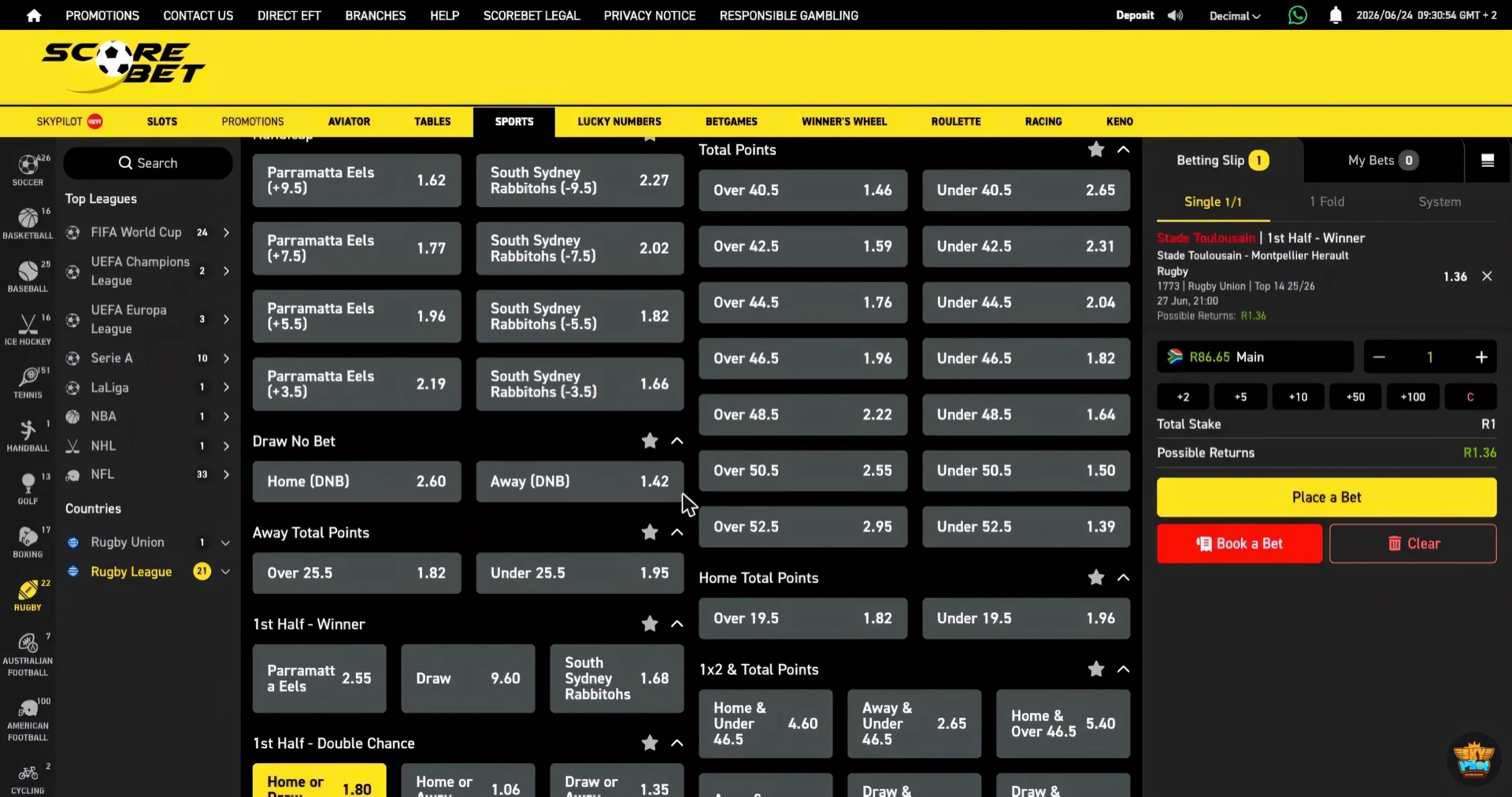 Scorebet rugby 1st half winner market with Home, Draw and Away prices