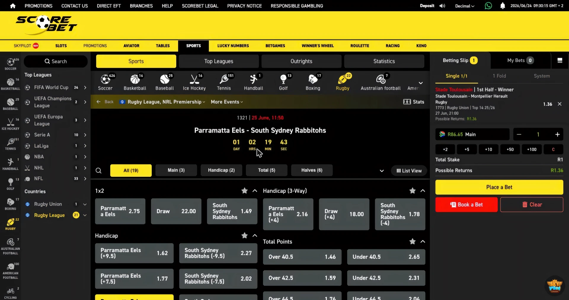 Scorebet rugby 1X2 match result market with the selection added to the bet slip