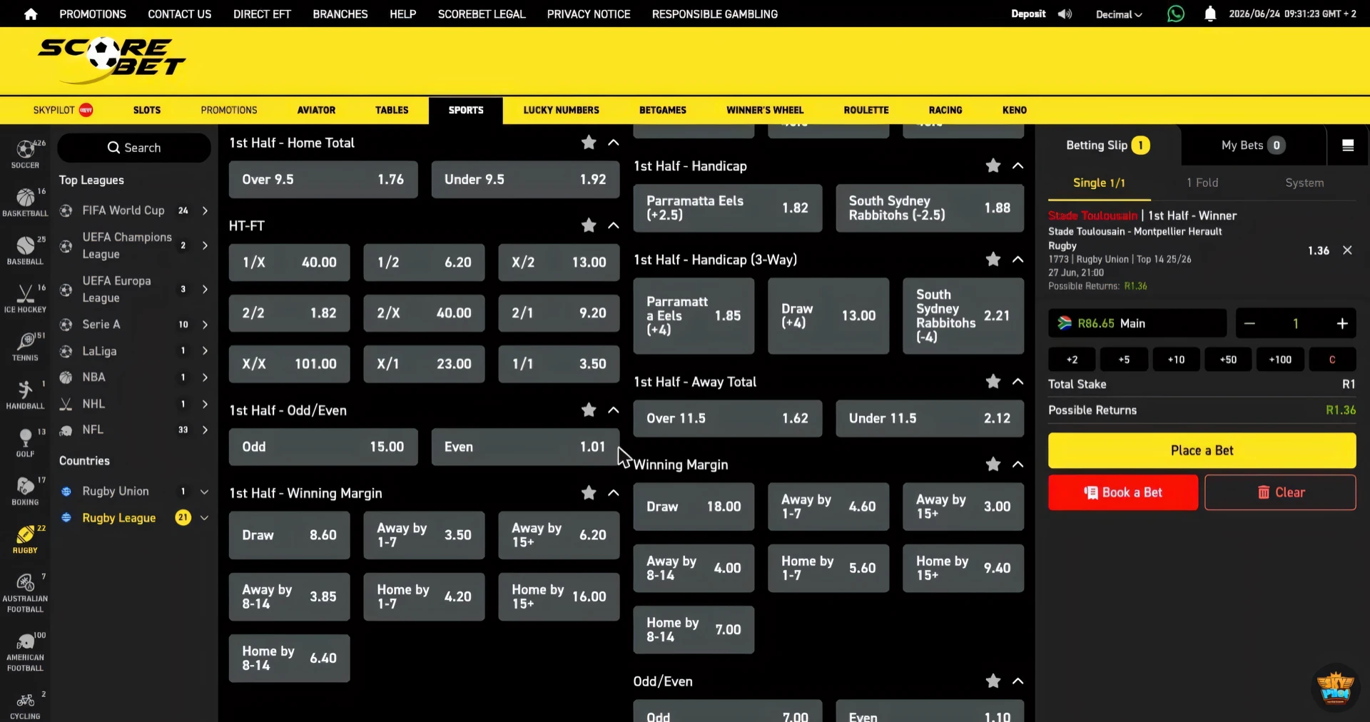 Scorebet rugby odd/even total score market with Odd and Even prices