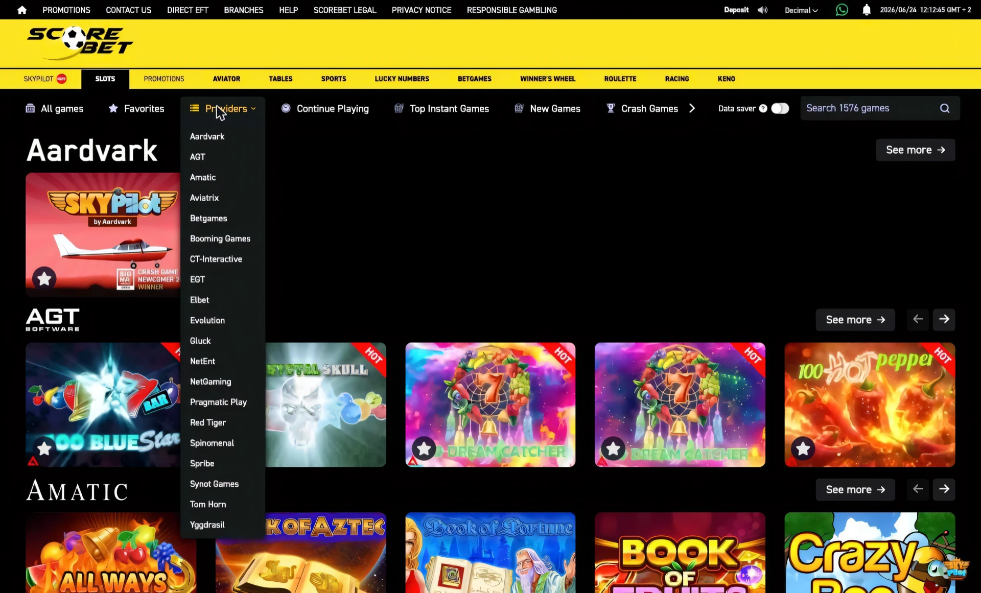Scorebet slots Providers dropdown listing software studios in alphabetical order