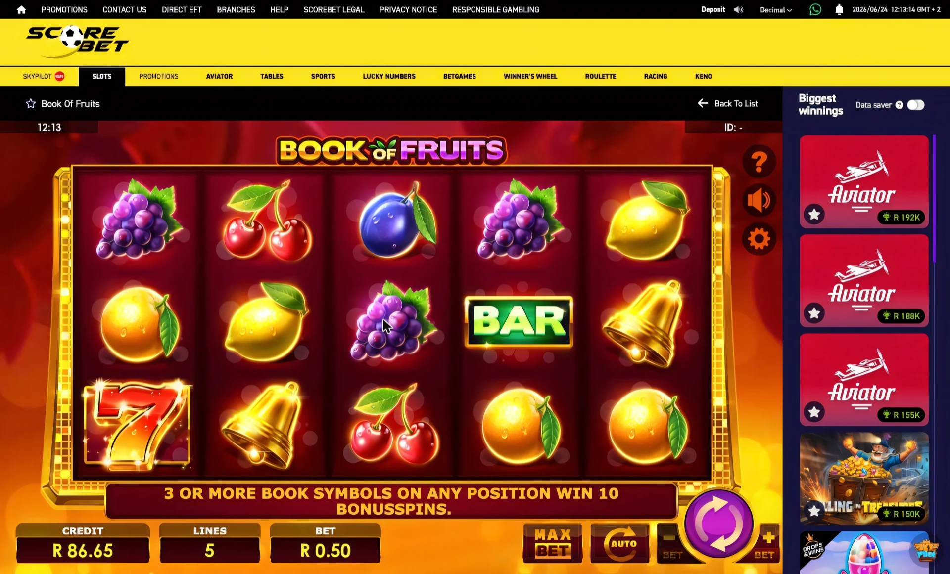 Book of Fruits slot on Scorebet showing the credit, lines, bet, spin and auto controls