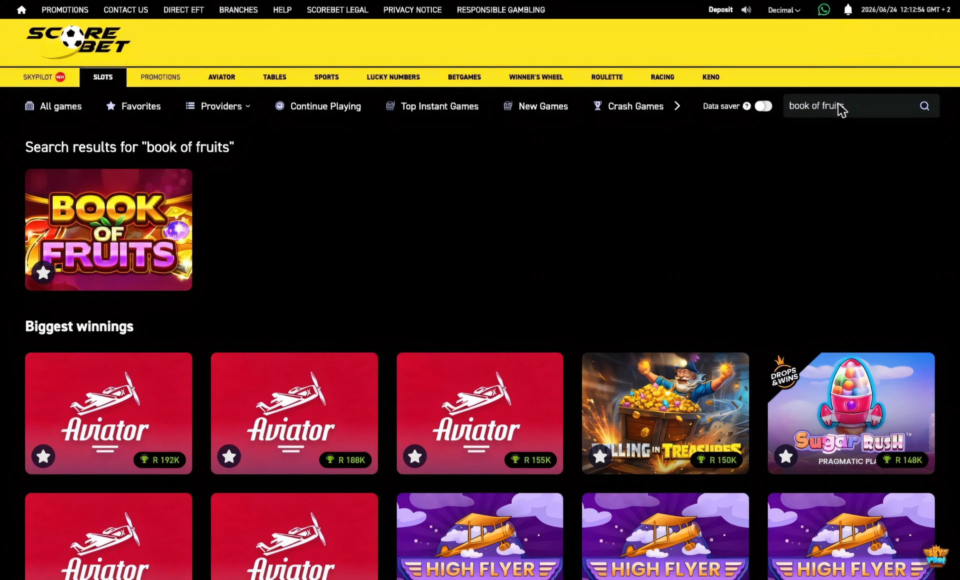 Scorebet slots search bar with live results and the Biggest Winnings leaderboard