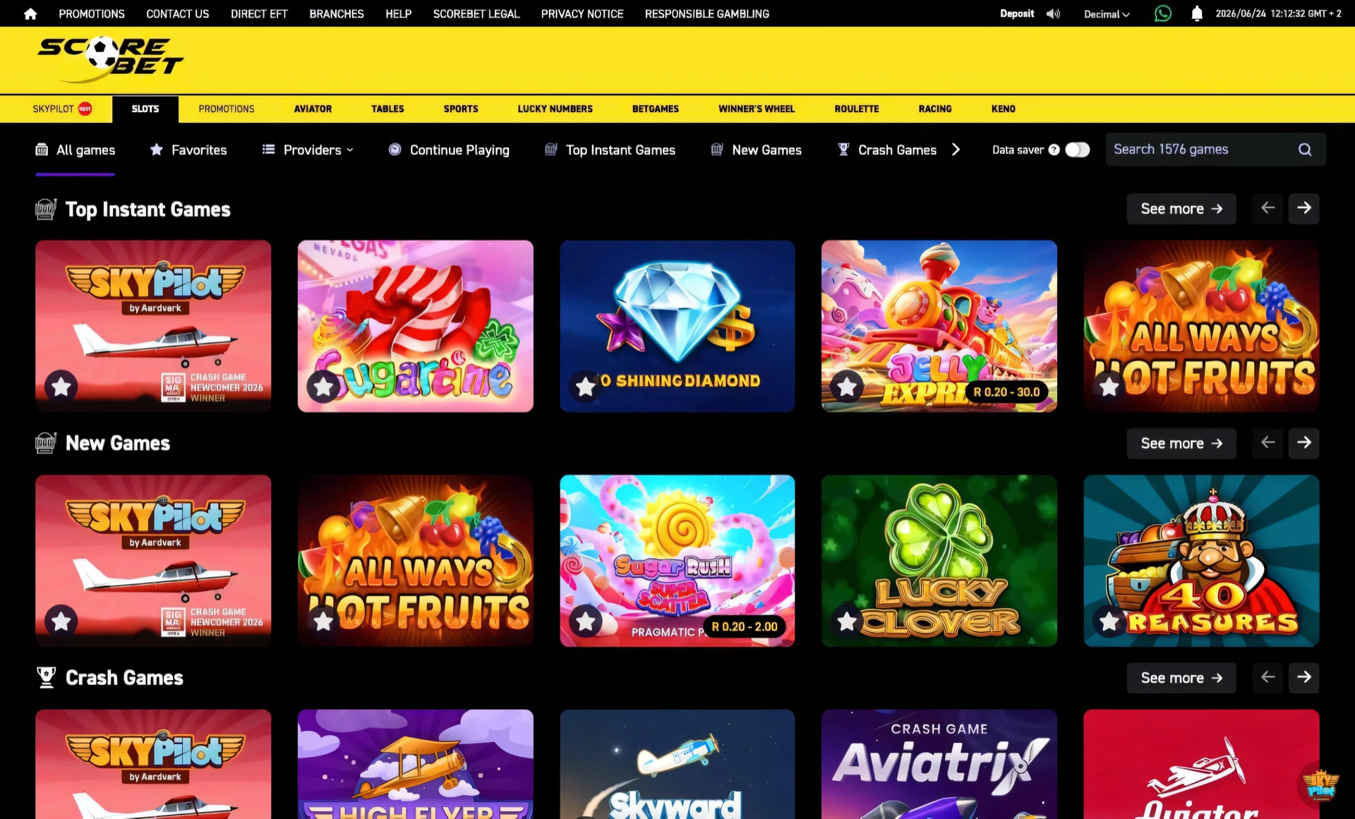 Scorebet slots lobby showing the Top Instant Games row and the category filter bar