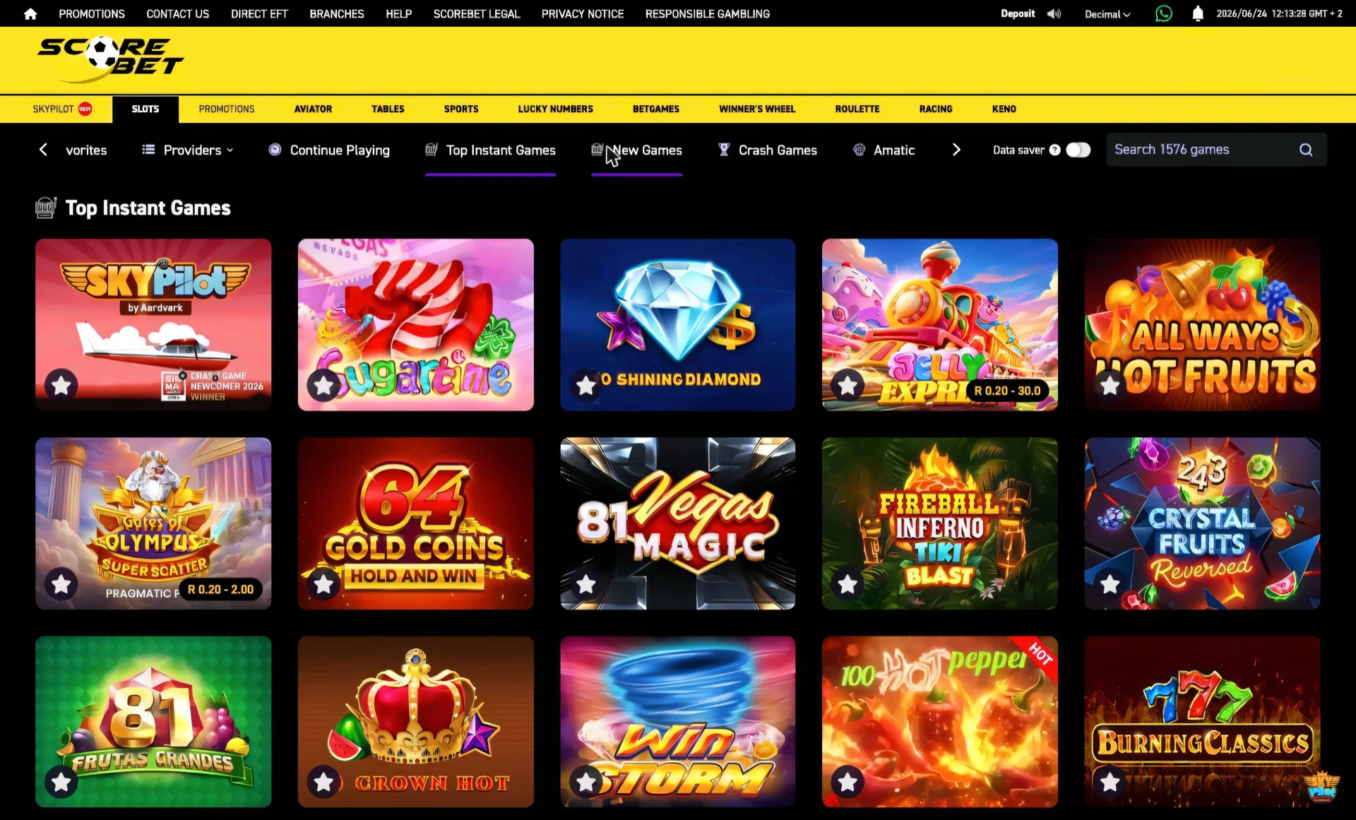 Scorebet Top Instant Games grid with bet ranges printed on the game tiles