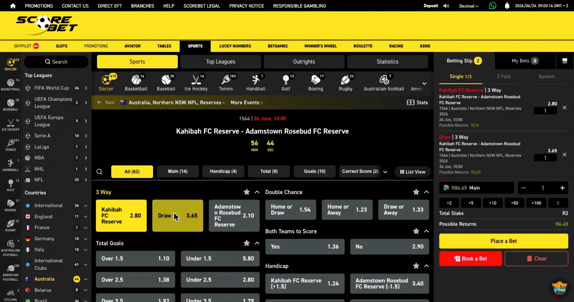Scorebet Betting Slip showing an accumulator with two selections on the 2 Fold tab