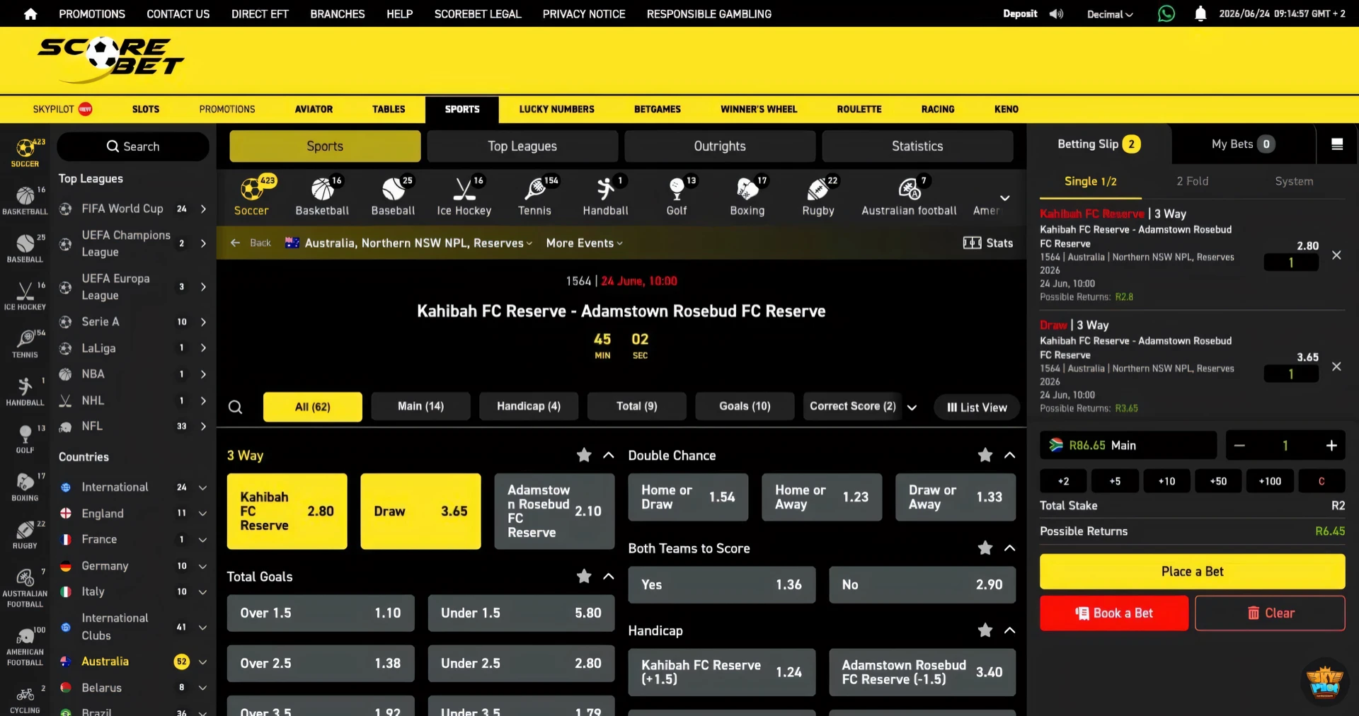 Scorebet soccer Double Chance market with the 1X 12 and X2 buttons