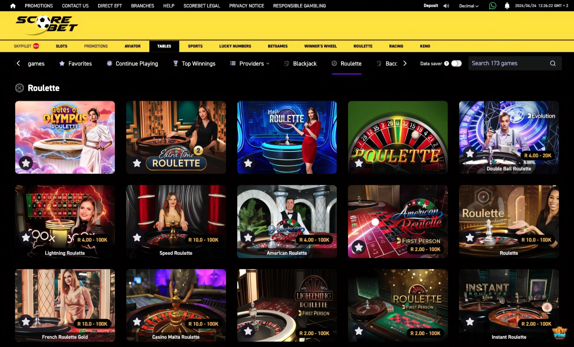 Scorebet live roulette table with the numbered betting grid and chip selector