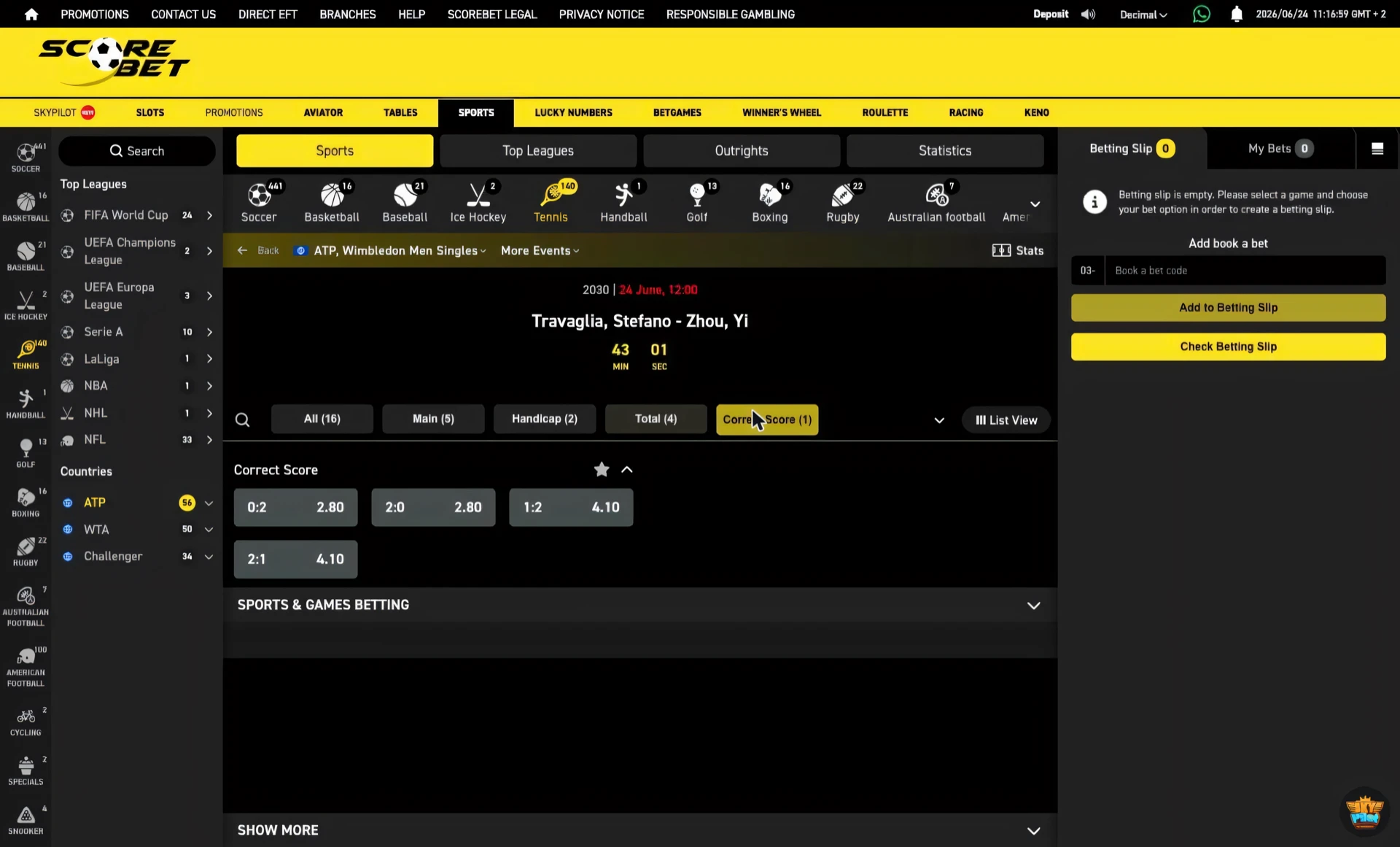Scorebet tennis correct score market with the four set-score outcomes and prices
