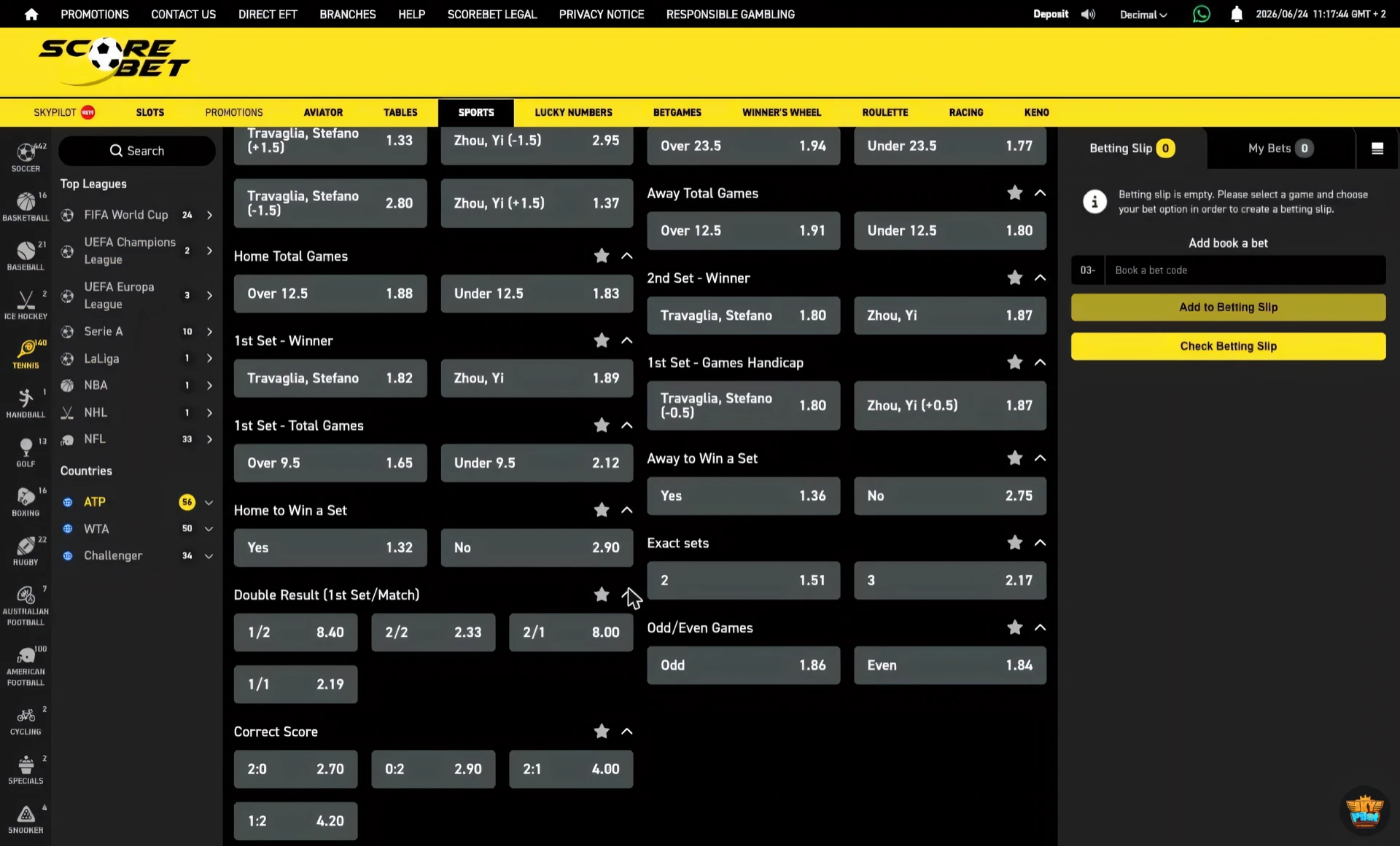 Scorebet tennis double result market showing the four set and match combinations