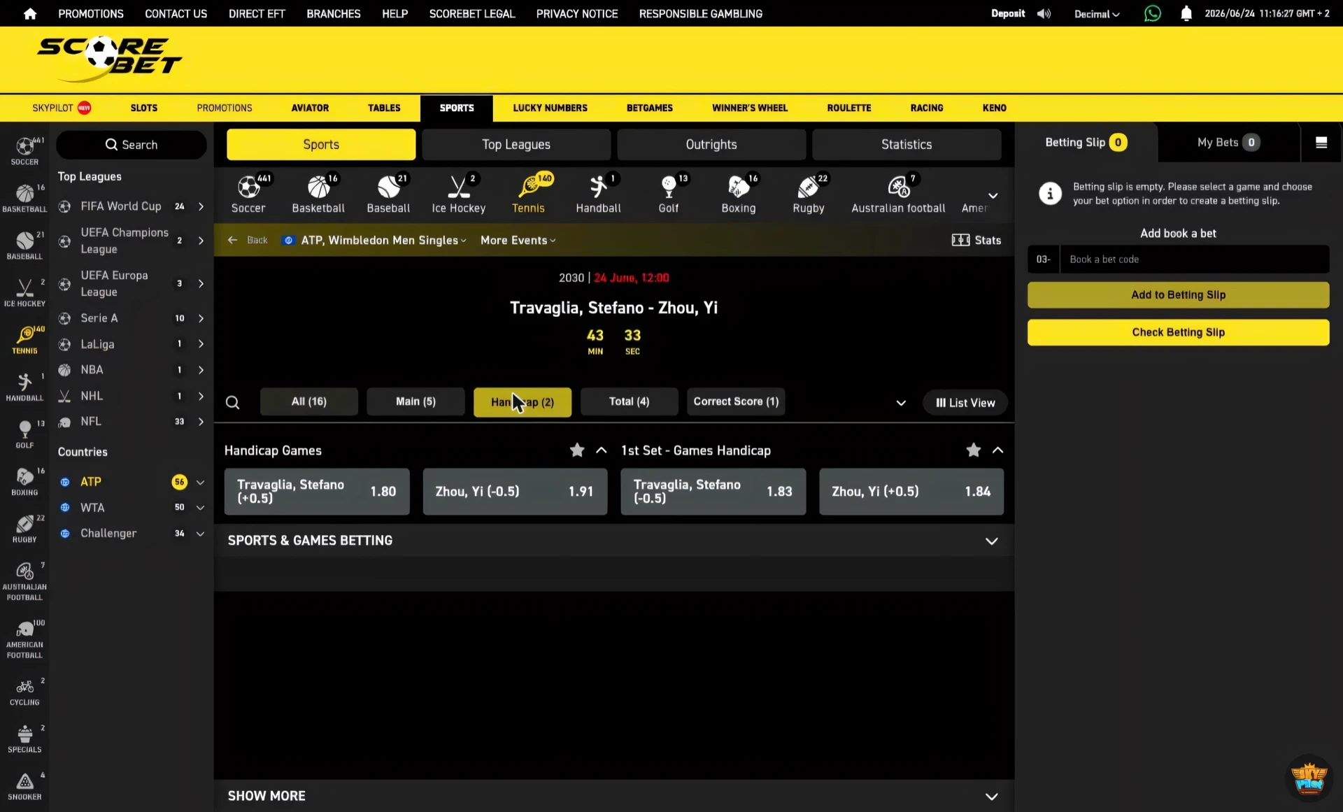Scorebet tennis games handicap market showing plus and minus lines for both players