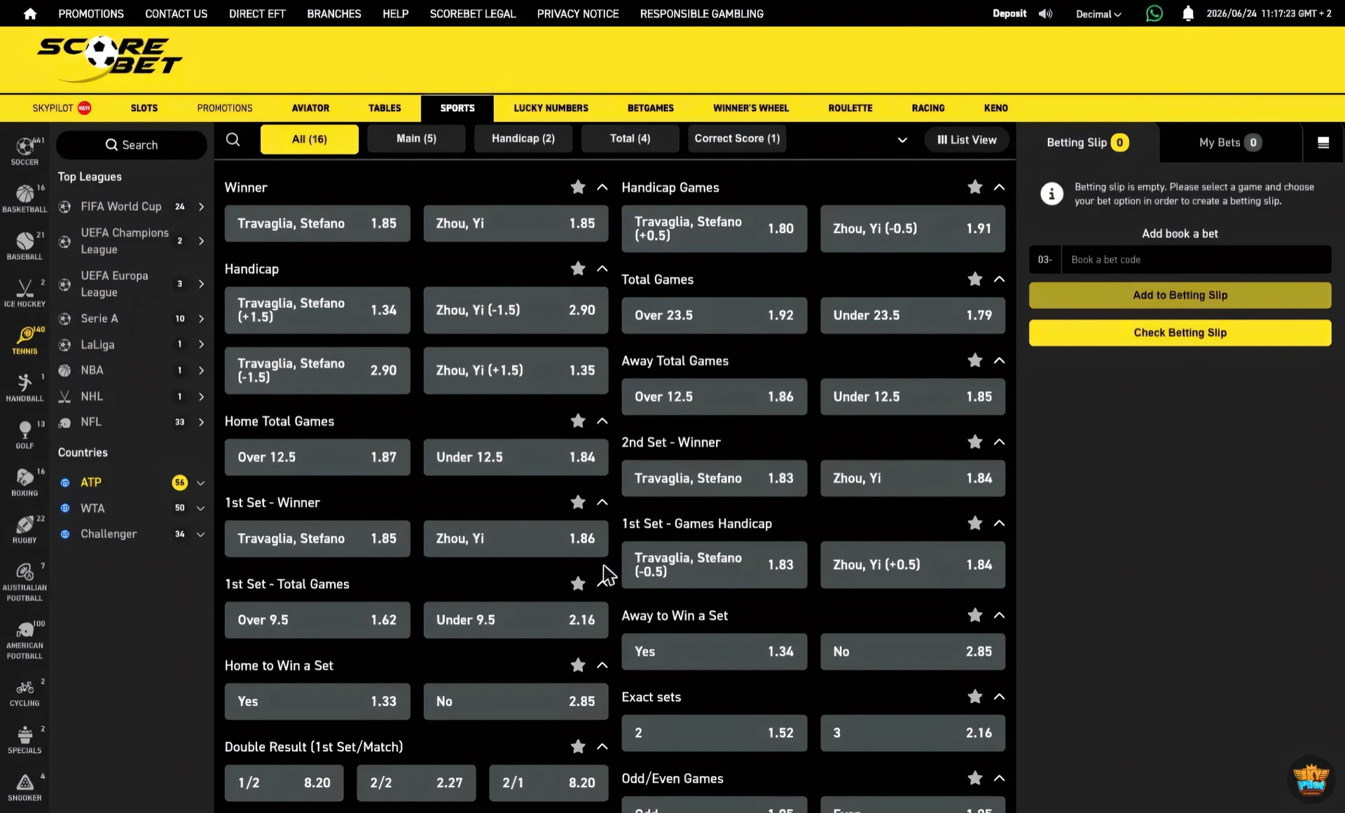 Scorebet tennis home and away player total games market with over and under prices
