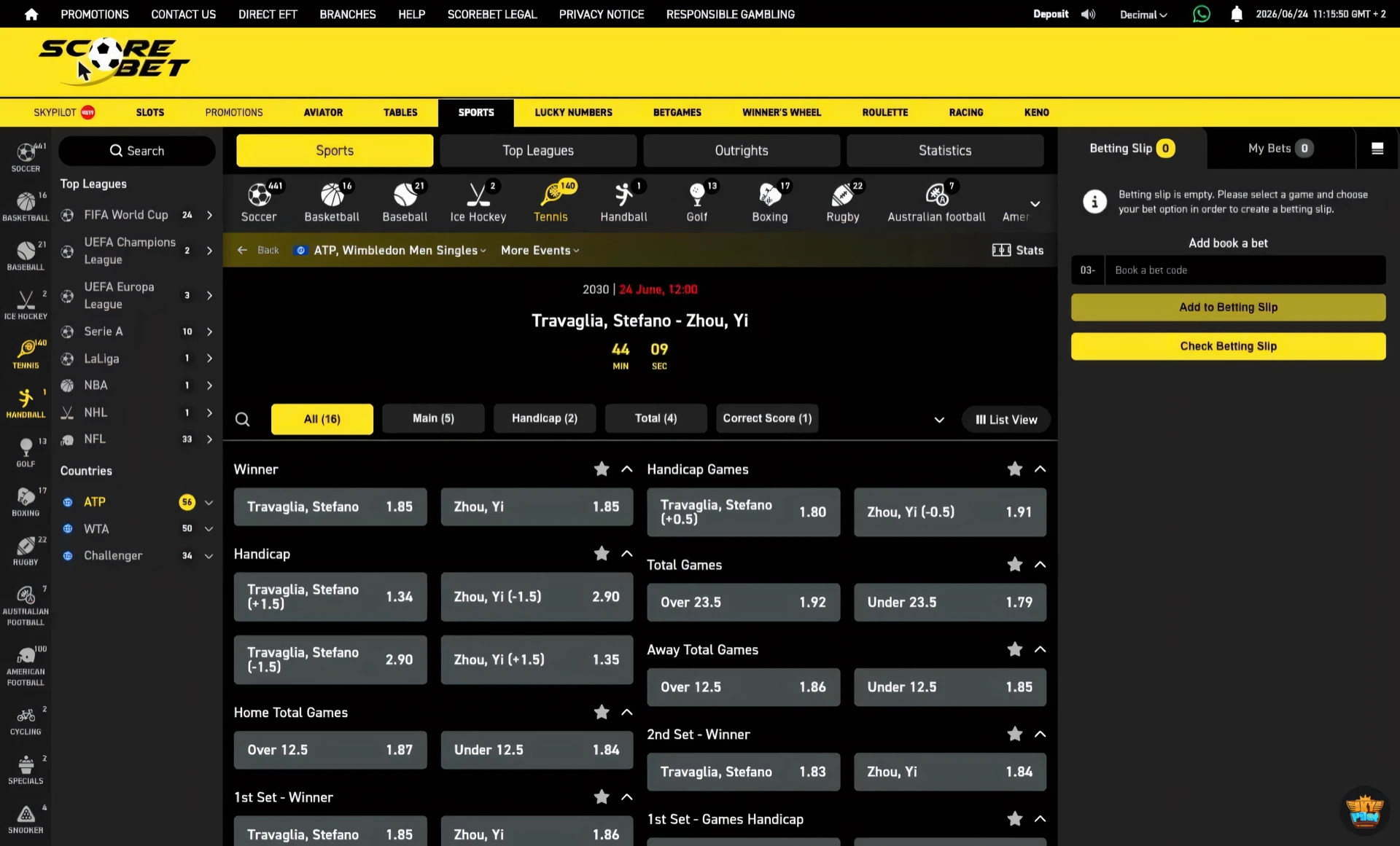 Scorebet tennis match winner market with two player prices and the bet slip