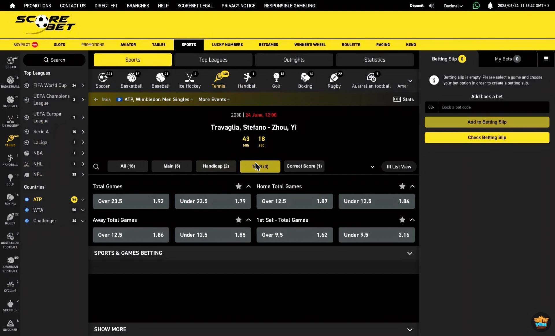 Scorebet tennis total games over under market with match and set lines