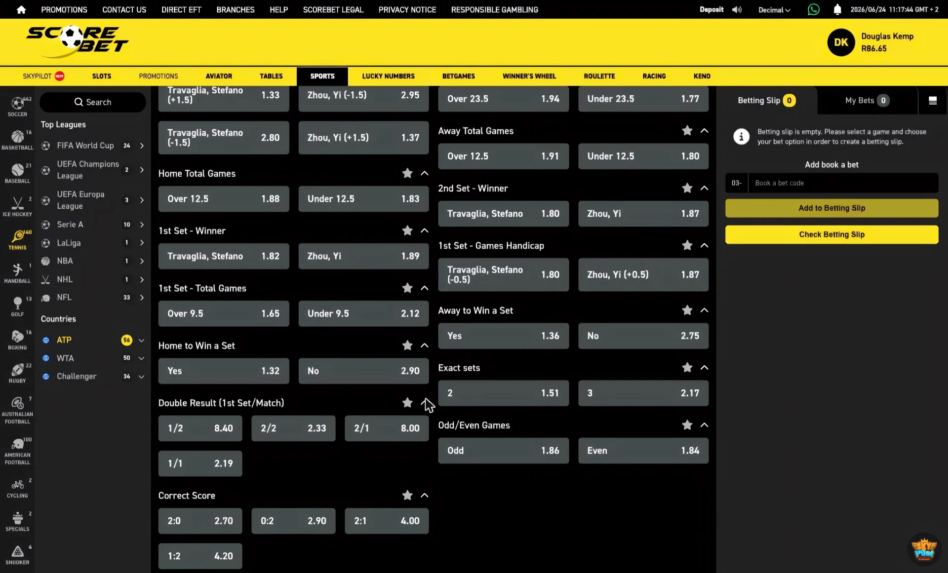 Scorebet tennis to win a set market with Yes and No prices for each player